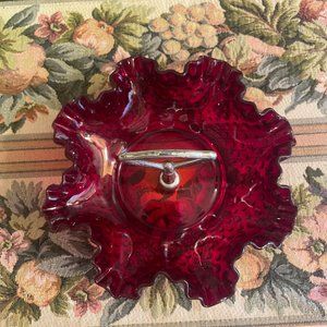 Vintage Fenton Art Glass Red Hobnail Crimped Ruffled Bowl Candy Dish With Handle